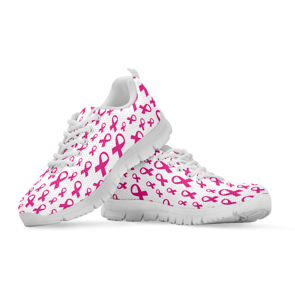 Little Breast Cancer Ribbon Print White Sneakers