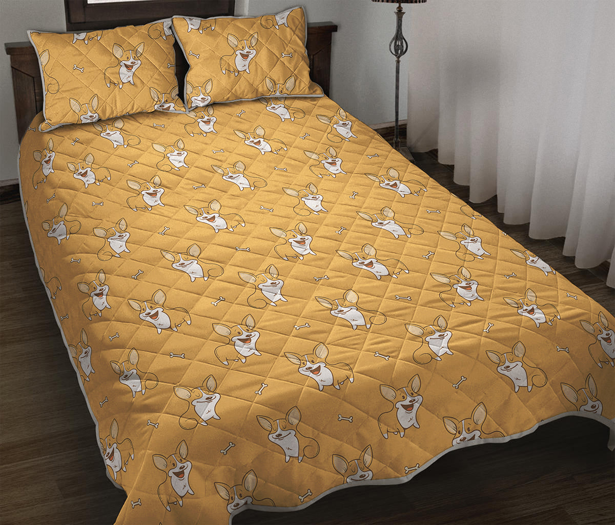 Little Corgi Pattern Print Quilt Bed Set