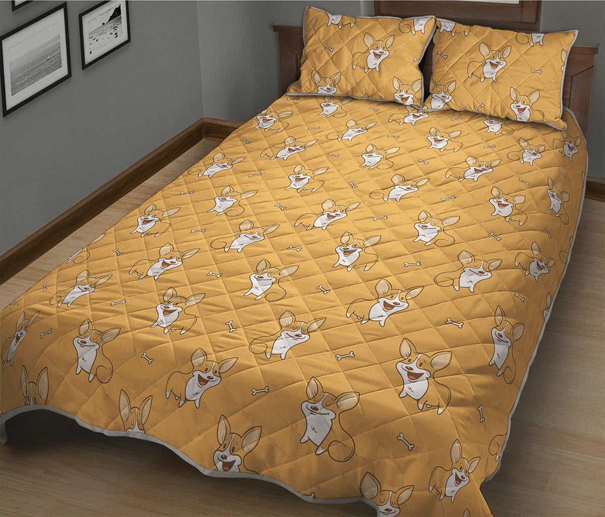 Little Corgi Pattern Print Quilt Bed Set