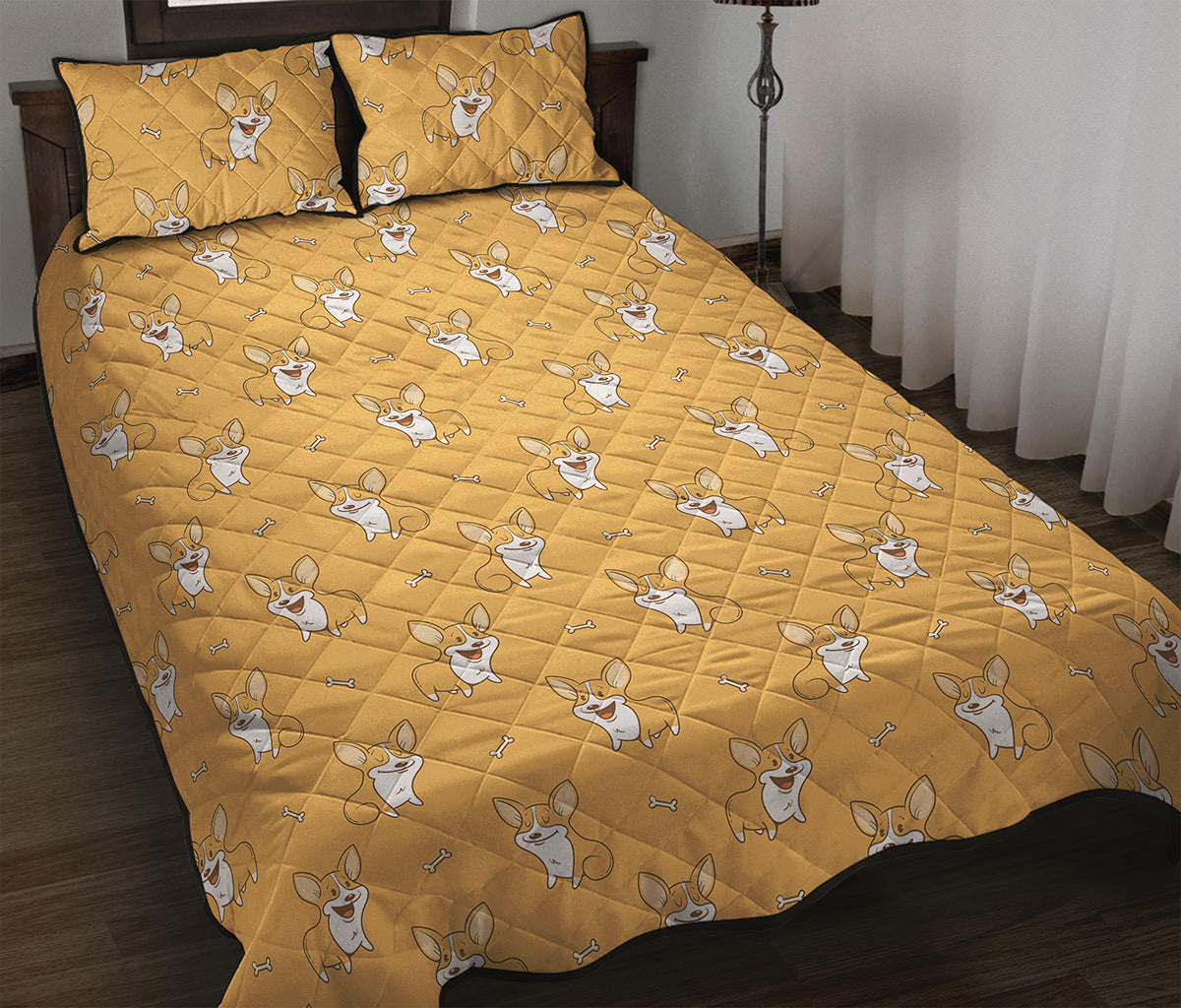 Little Corgi Pattern Print Quilt Bed Set