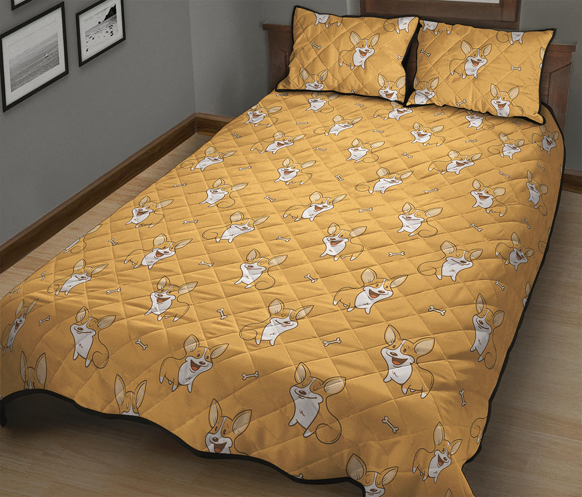 Little Corgi Pattern Print Quilt Bed Set