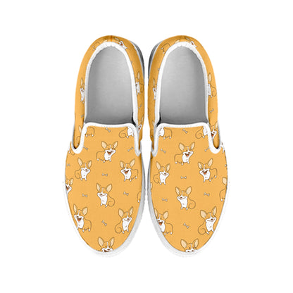 Little Corgi Pattern Print White Slip On Shoes