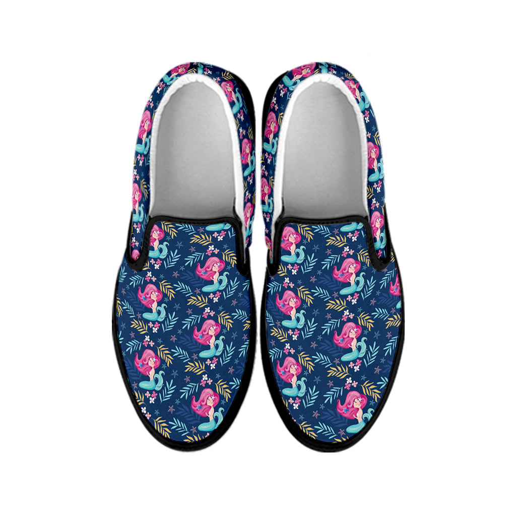 Little Cute Mermaid Pattern Print Black Slip On Shoes