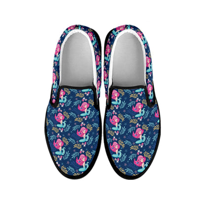 Little Cute Mermaid Pattern Print Black Slip On Shoes
