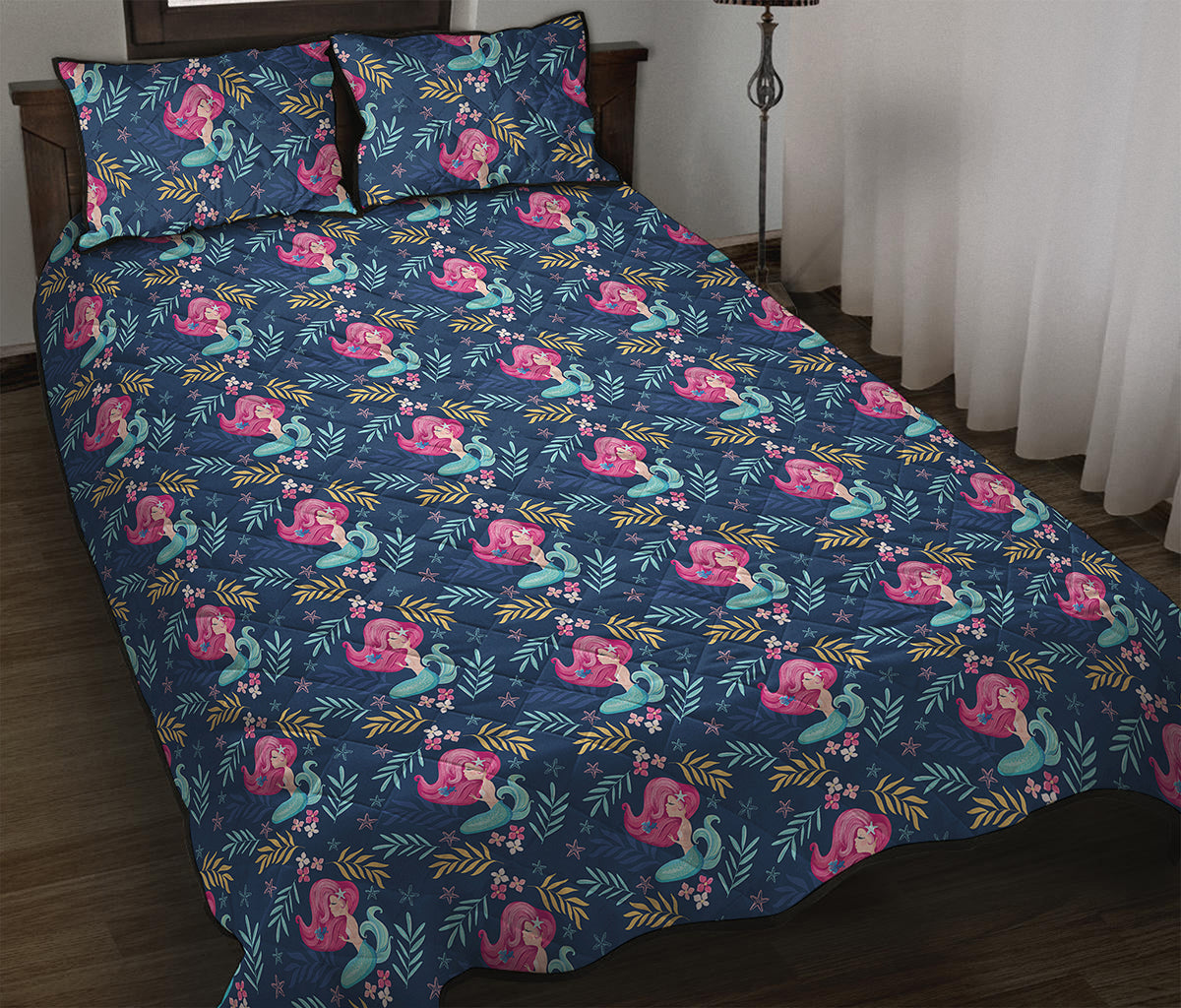 Little Cute Mermaid Pattern Print Quilt Bed Set