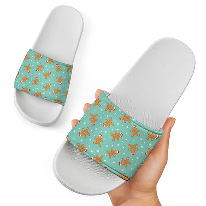 Little Gingerbread Man Pattern Print White Slide Sandals