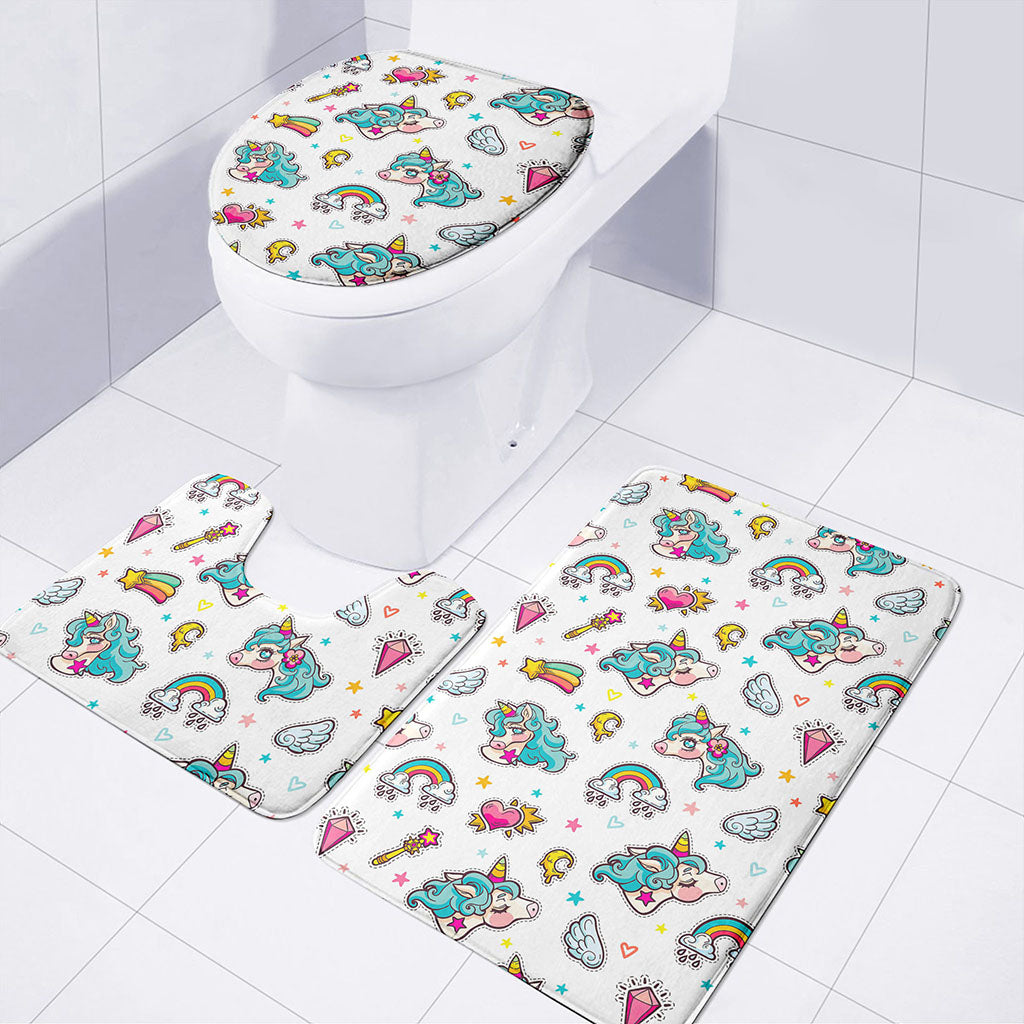 Little Girly Unicorn Pattern Print 3 Piece Bath Mat Set