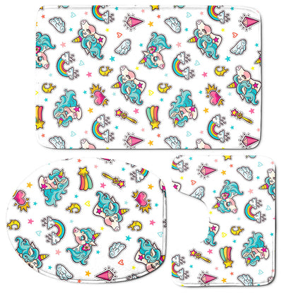 Little Girly Unicorn Pattern Print 3 Piece Bath Mat Set