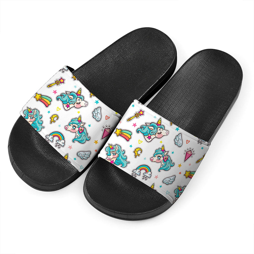 Little Girly Unicorn Pattern Print Black Slide Sandals
