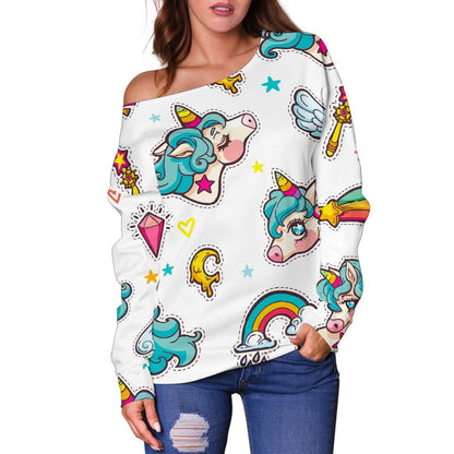 Little Girly Unicorn Pattern Print Off Shoulder Sweatshirt GearFrost