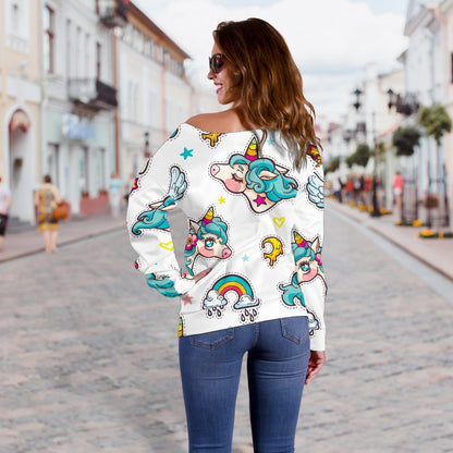 Little Girly Unicorn Pattern Print Off Shoulder Sweatshirt GearFrost