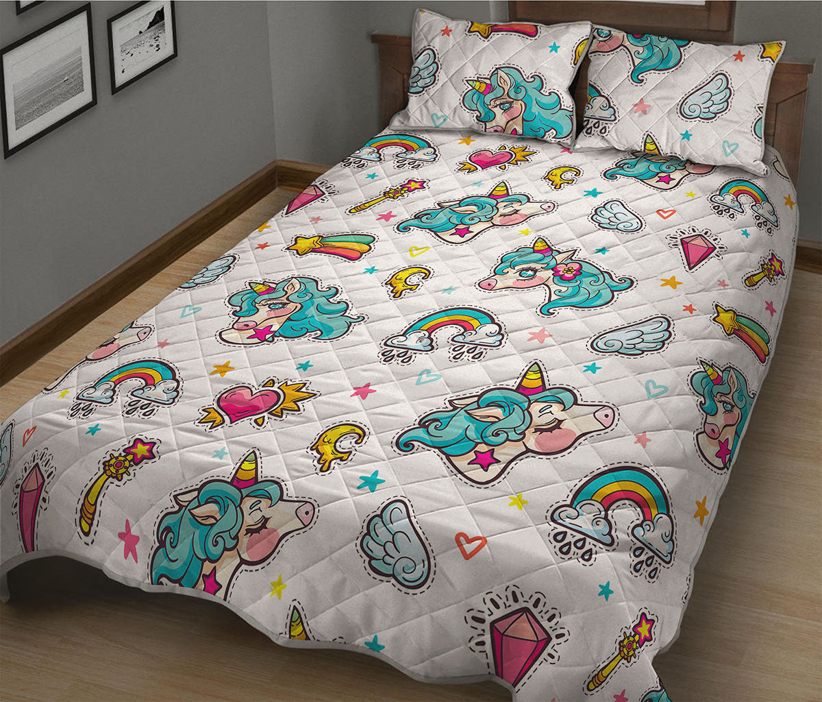 Little Girly Unicorn Pattern Print Quilt Bed Set