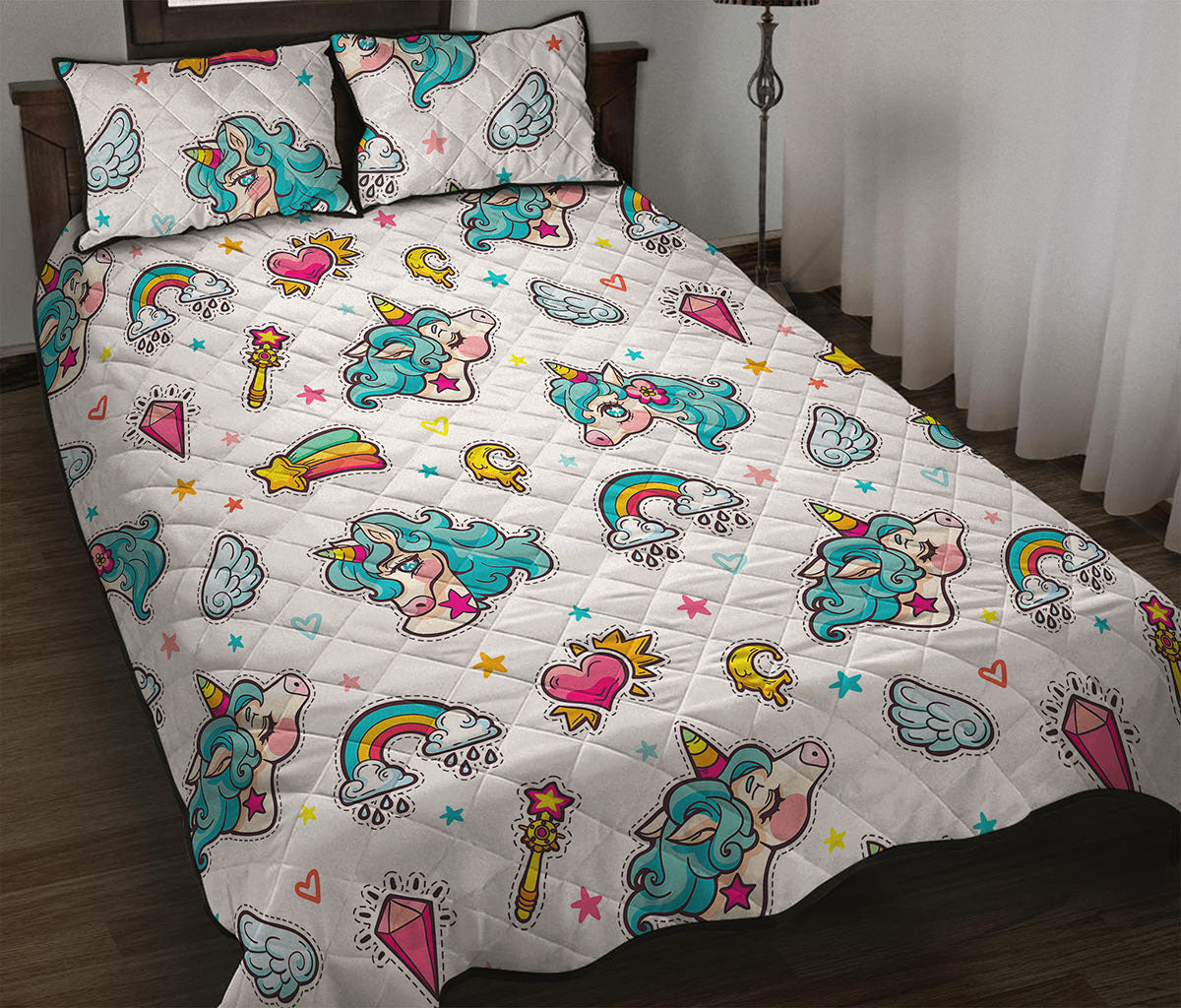 Little Girly Unicorn Pattern Print Quilt Bed Set