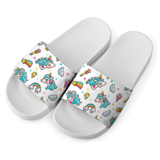Little Girly Unicorn Pattern Print White Slide Sandals
