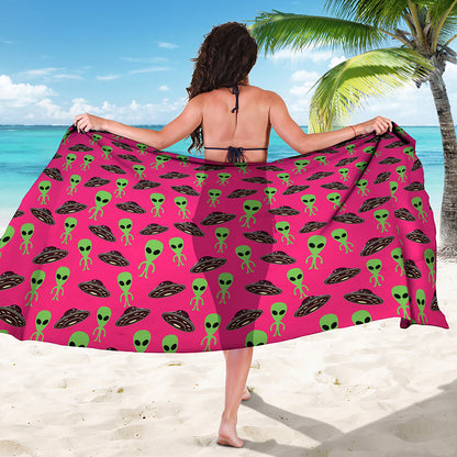 Little Green Alien UFO Print Beach Sarong Wrap