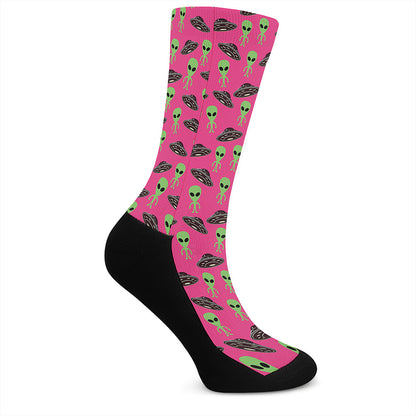 Little Green Alien UFO Print Crew Socks
