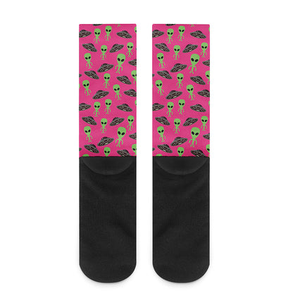 Little Green Alien UFO Print Crew Socks