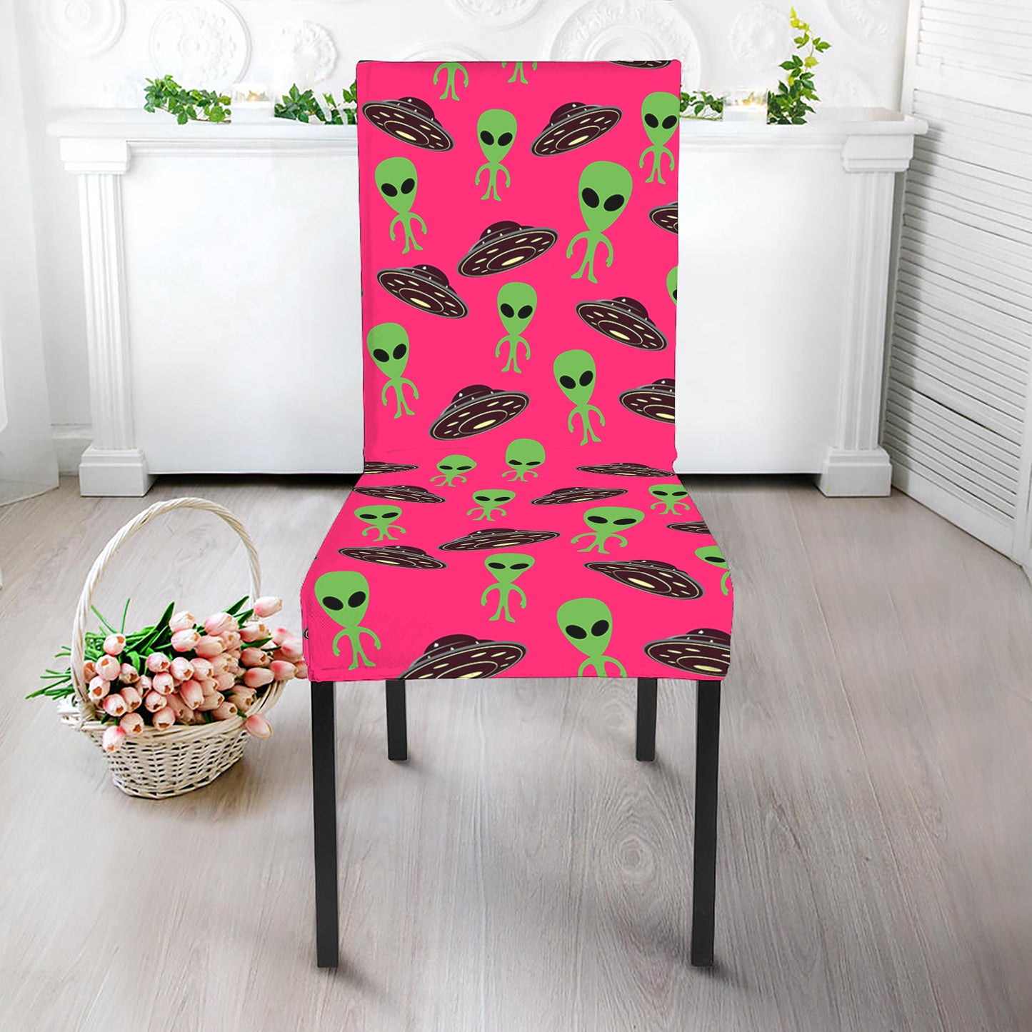 Little Green Alien UFO Print Dining Chair Slipcover