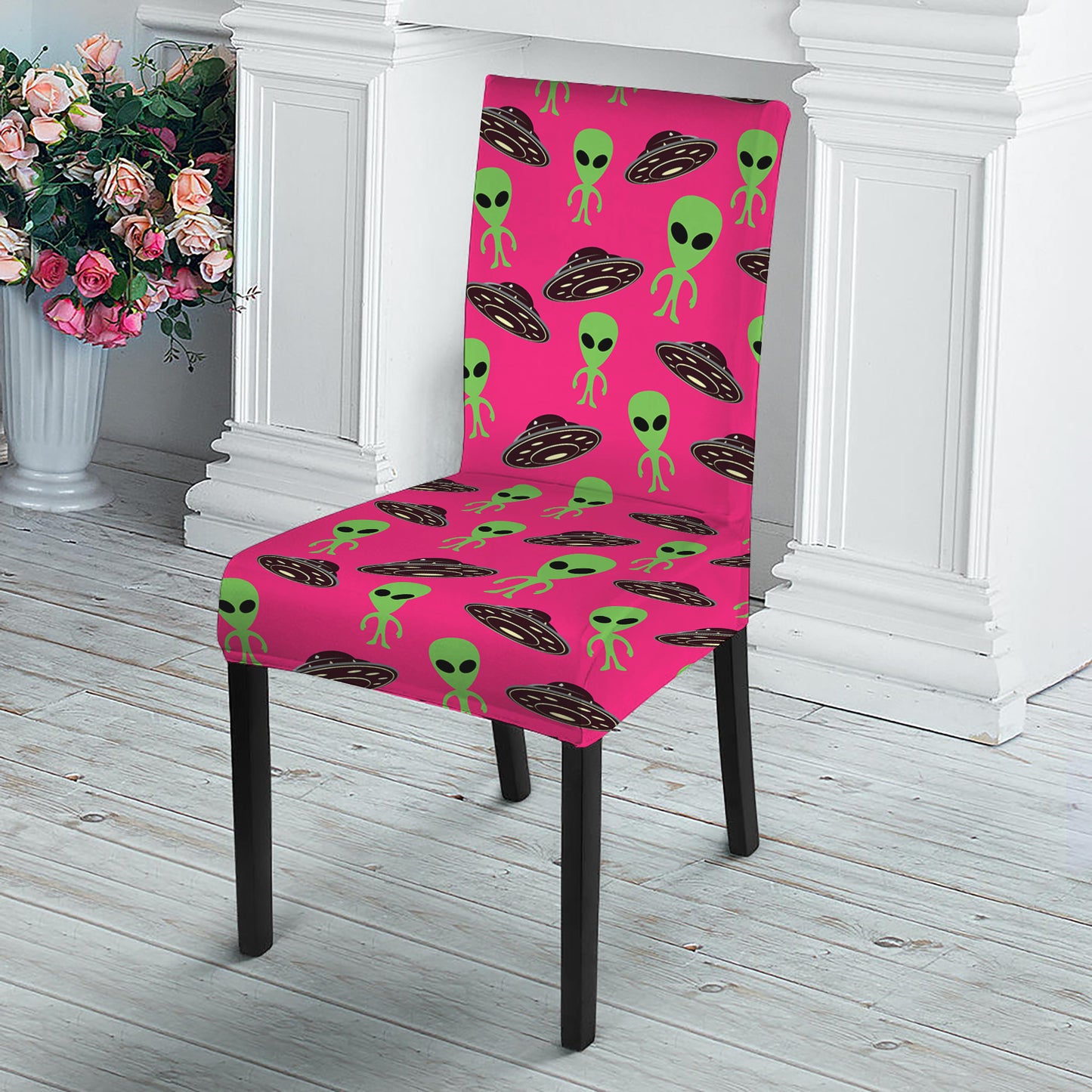 Little Green Alien UFO Print Dining Chair Slipcover