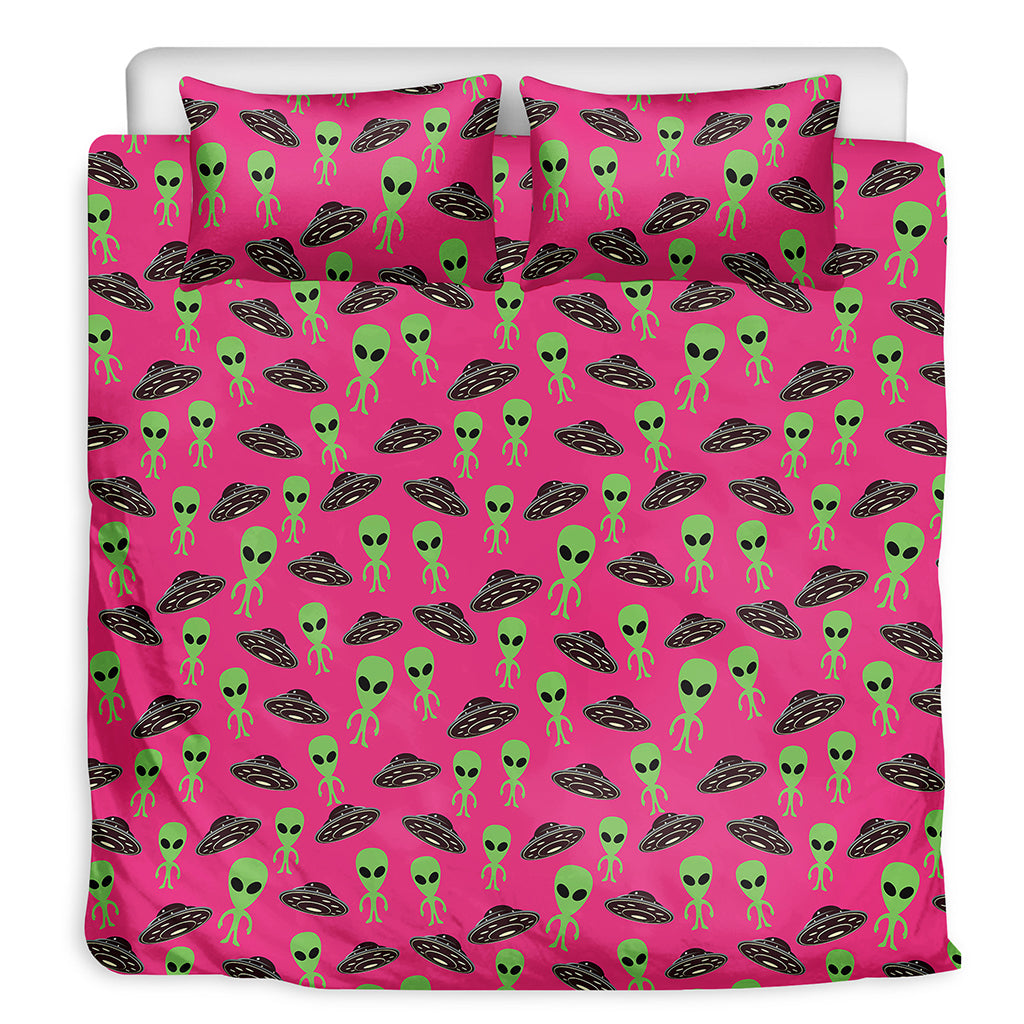 Little Green Alien UFO Print Duvet Cover Bedding Set