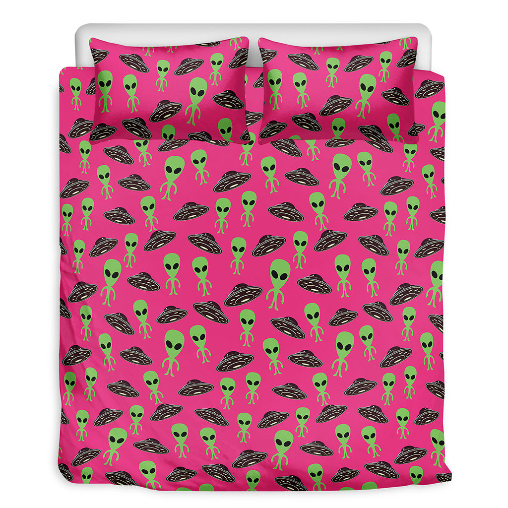 Little Green Alien UFO Print Duvet Cover Bedding Set