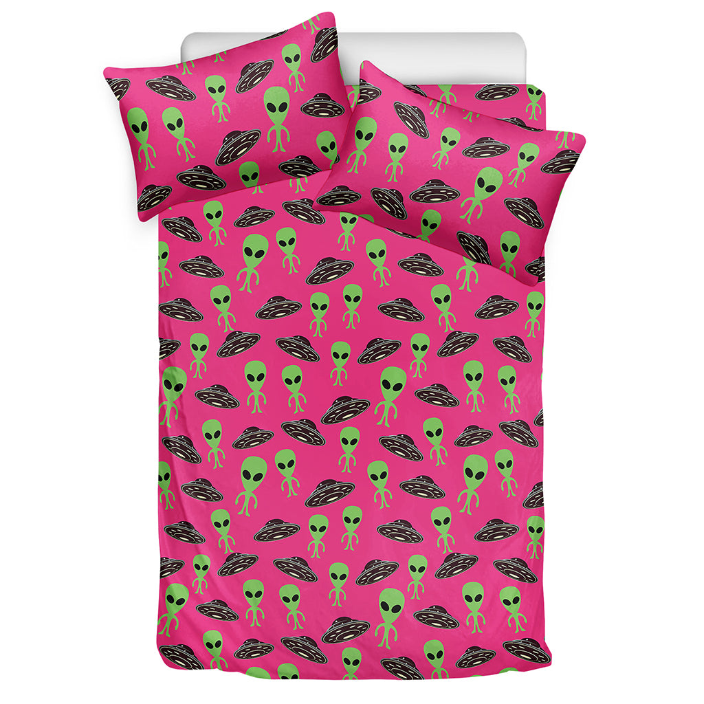 Little Green Alien UFO Print Duvet Cover Bedding Set