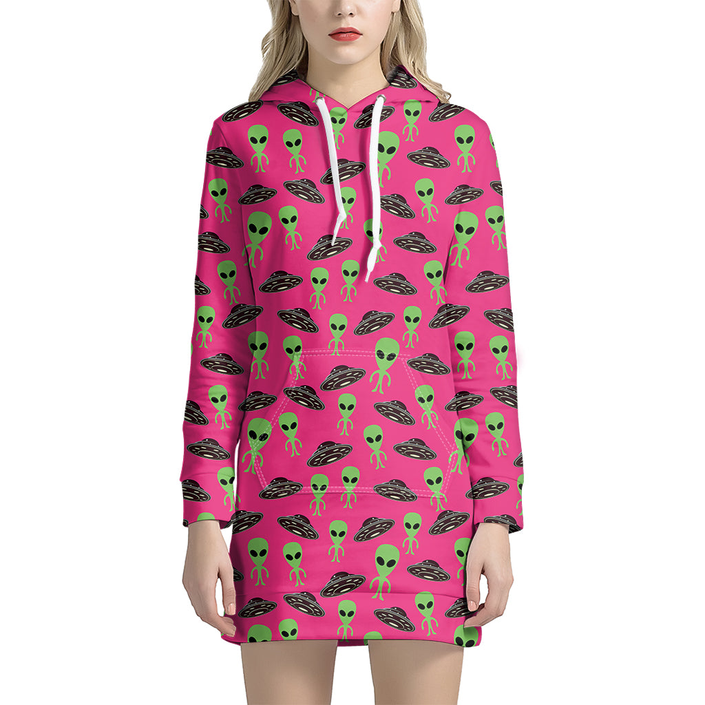 Little Green Alien UFO Print Hoodie Dress