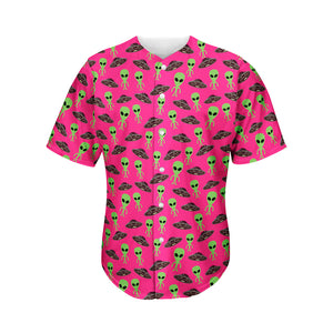 Little Green Alien UFO Print Men's Baseball Jersey