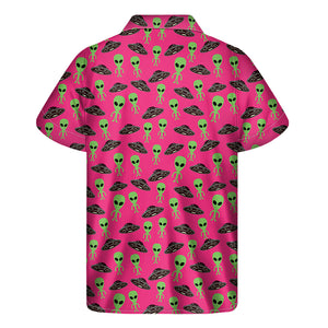 Little Green Alien UFO Print Men's Short Sleeve Shirt