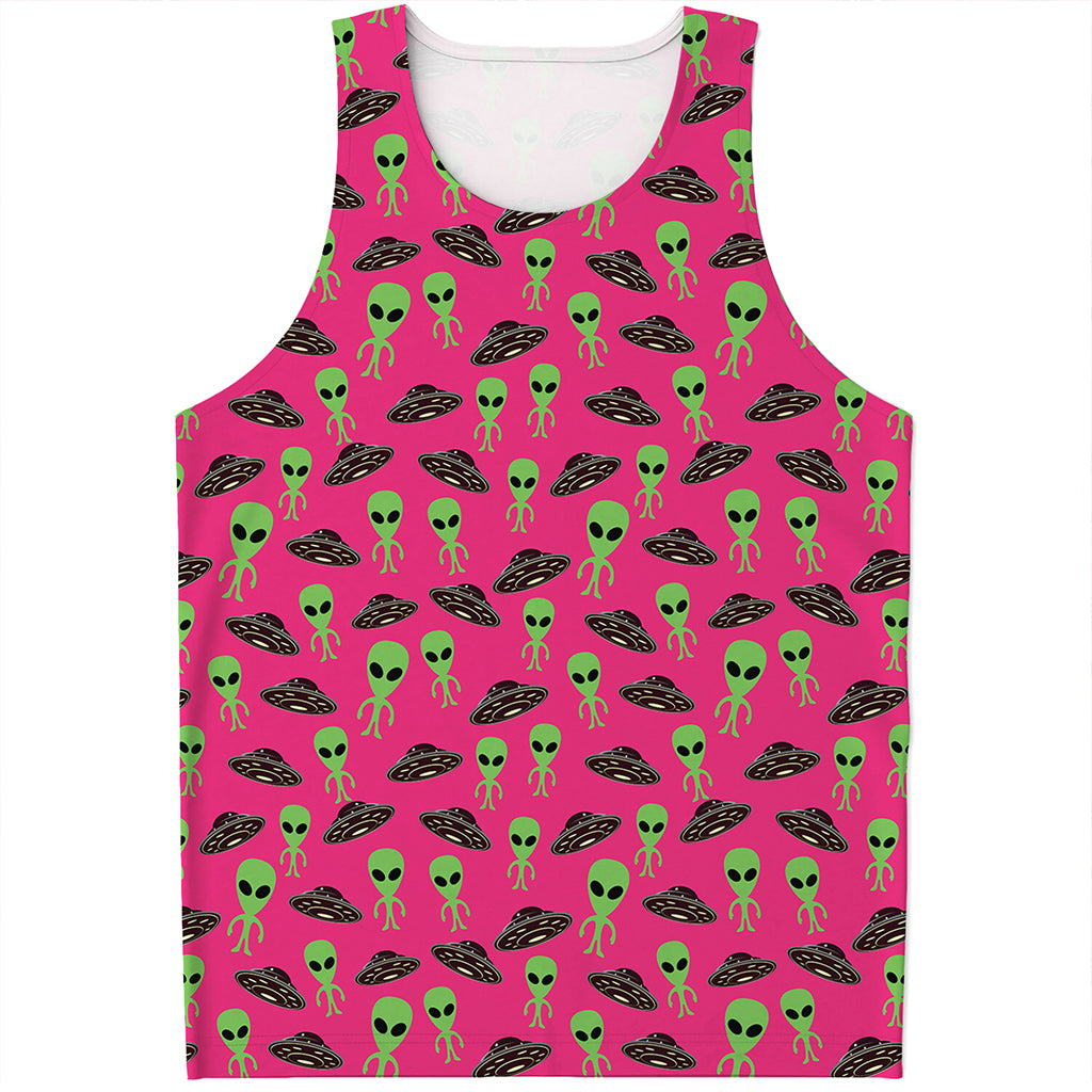 Little Green Alien UFO Print Men's Tank Top