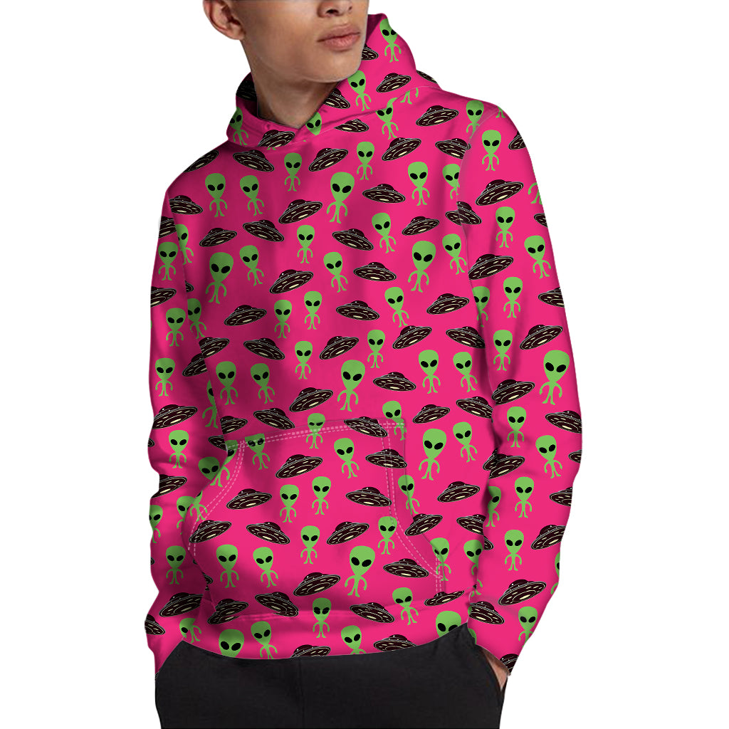 Little Green Alien UFO Print Pullover Hoodie