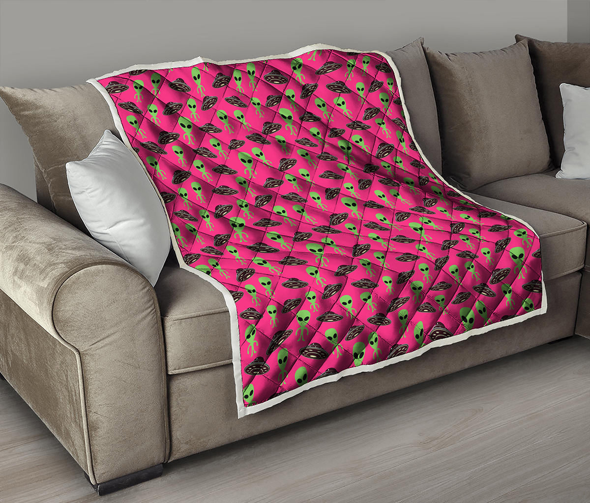 Little Green Alien UFO Print Quilt