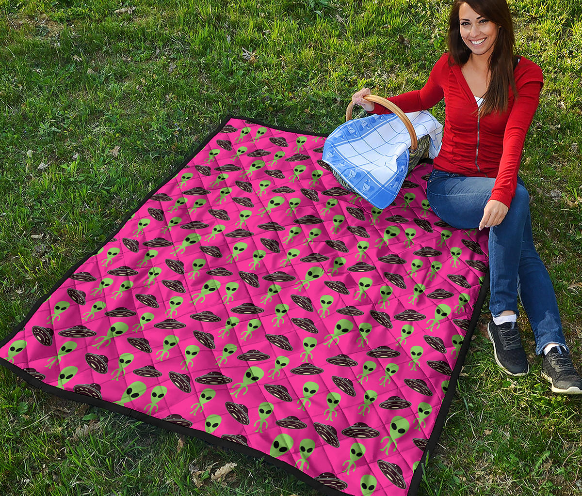 Little Green Alien UFO Print Quilt