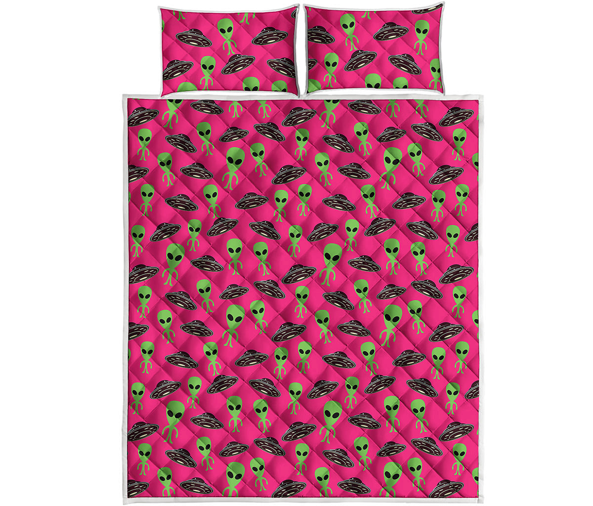 Little Green Alien UFO Print Quilt Bed Set