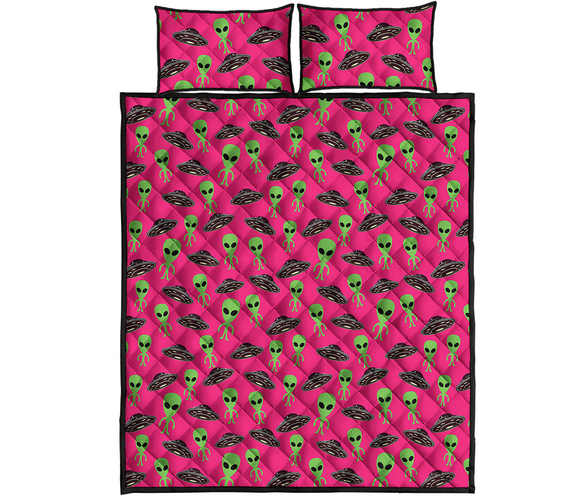 Little Green Alien UFO Print Quilt Bed Set