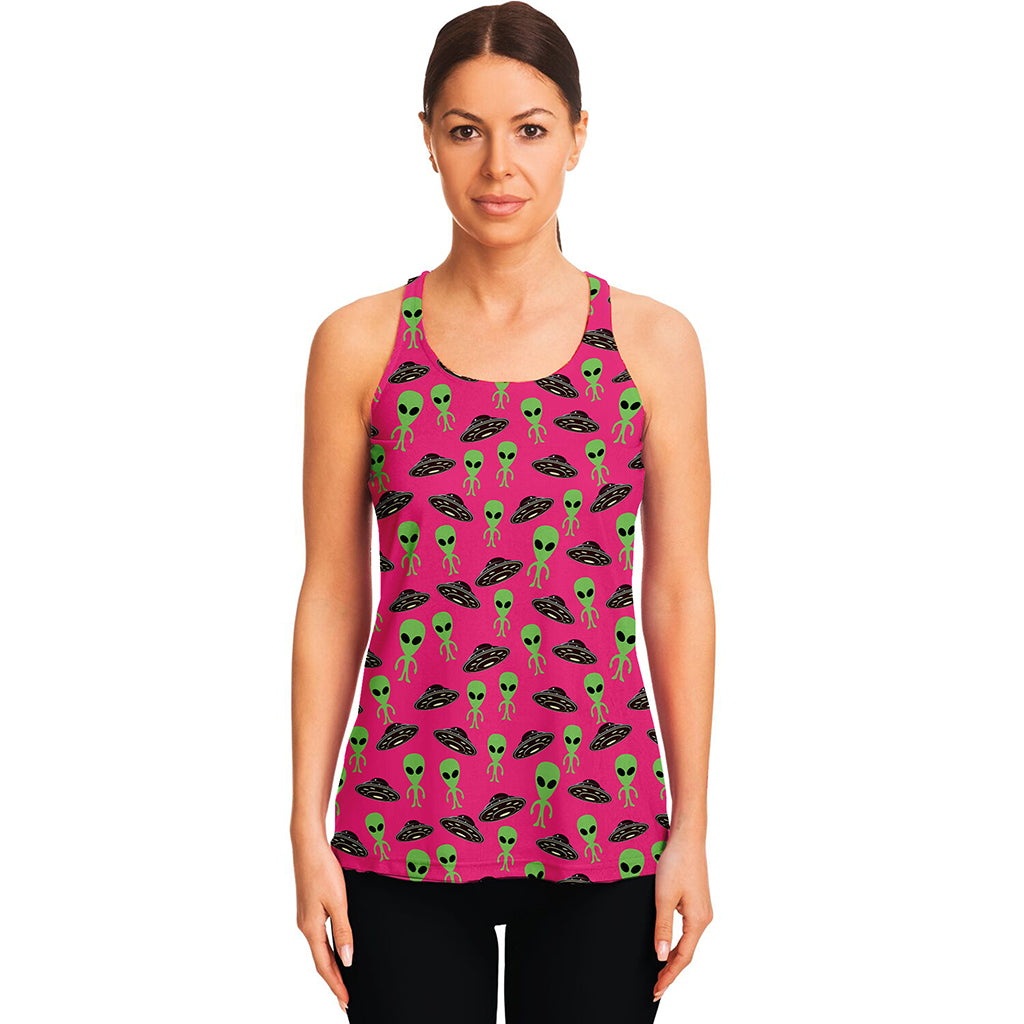 Little Green Alien UFO Print Women's Racerback Tank Top