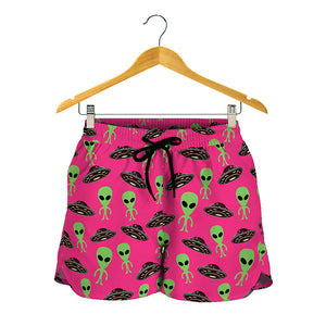 Little Green Alien UFO Print Women's Shorts