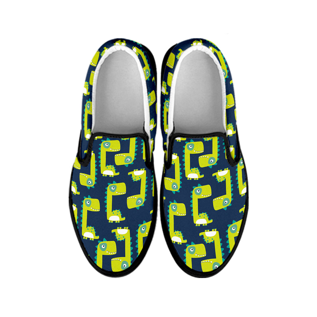 Little Green Dinosaur Pattern Print Black Slip On Shoes