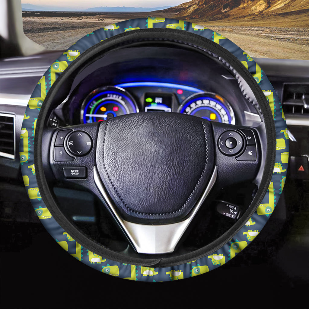Little Green Dinosaur Pattern Print Car Steering Wheel Cover
