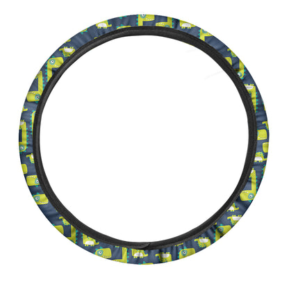 Little Green Dinosaur Pattern Print Car Steering Wheel Cover