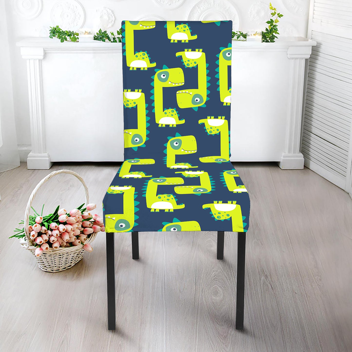 Little Green Dinosaur Pattern Print Dining Chair Slipcover