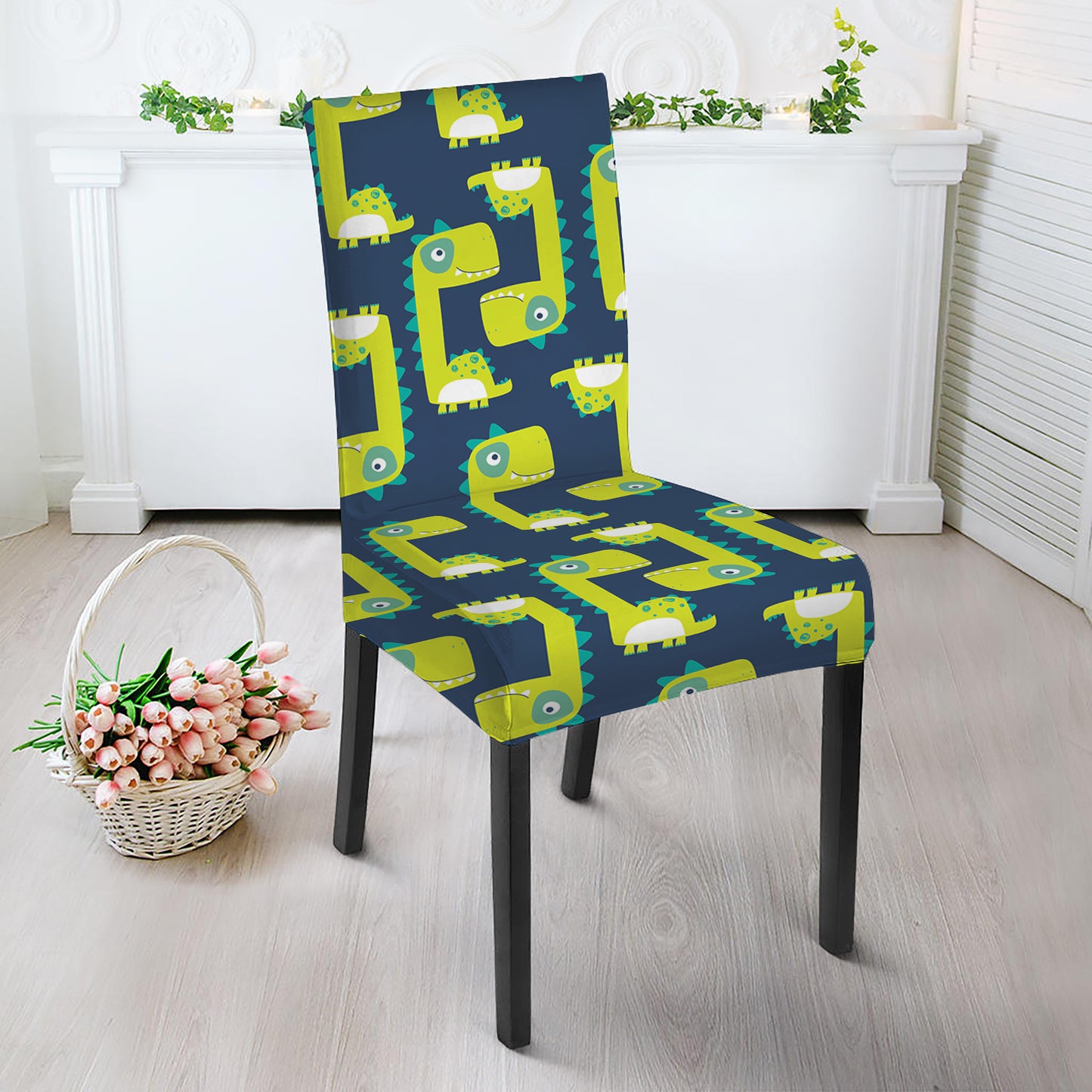 Little Green Dinosaur Pattern Print Dining Chair Slipcover