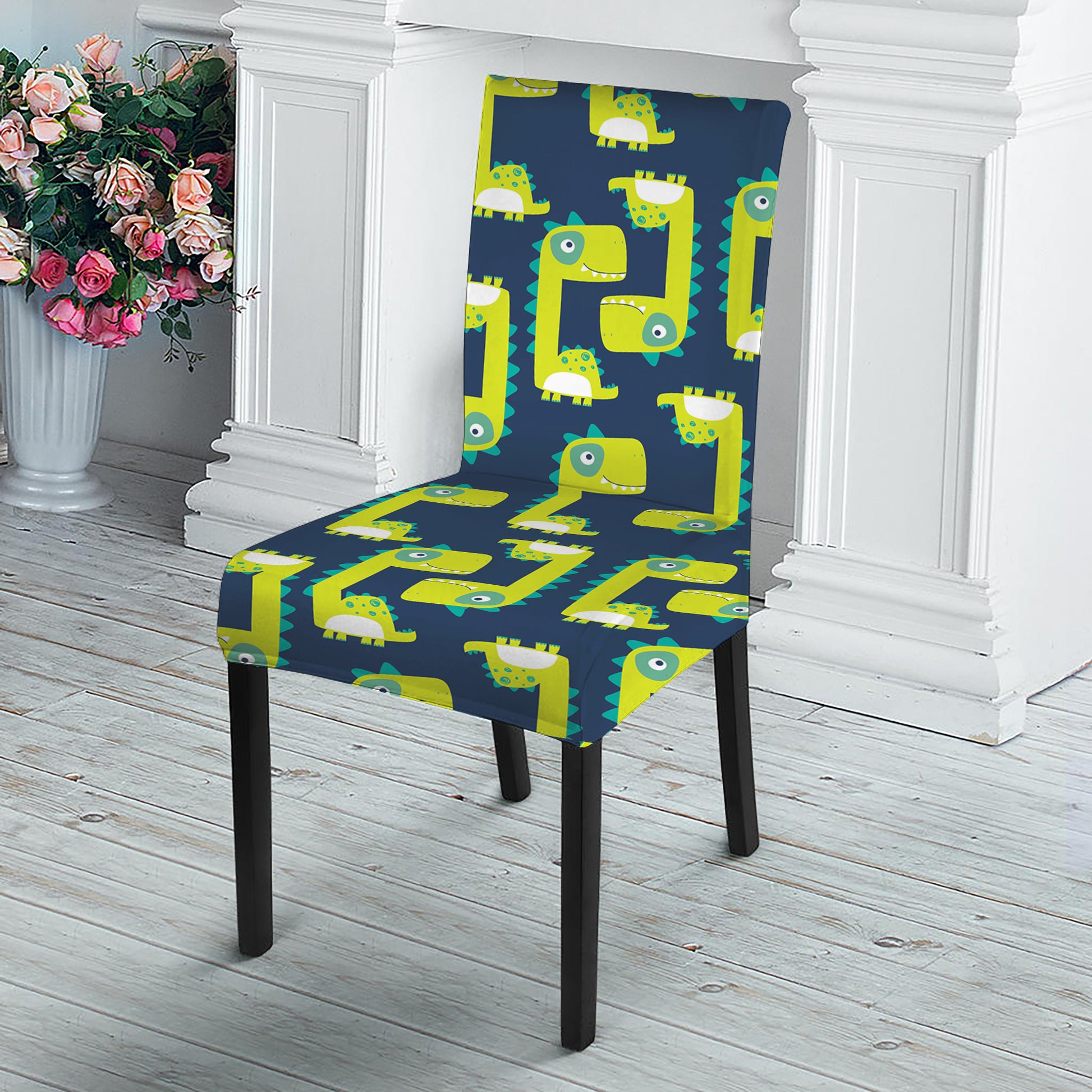 Little Green Dinosaur Pattern Print Dining Chair Slipcover