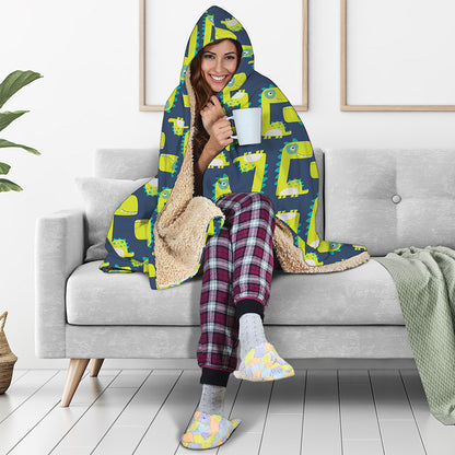 Little Green Dinosaur Pattern Print Hooded Blanket