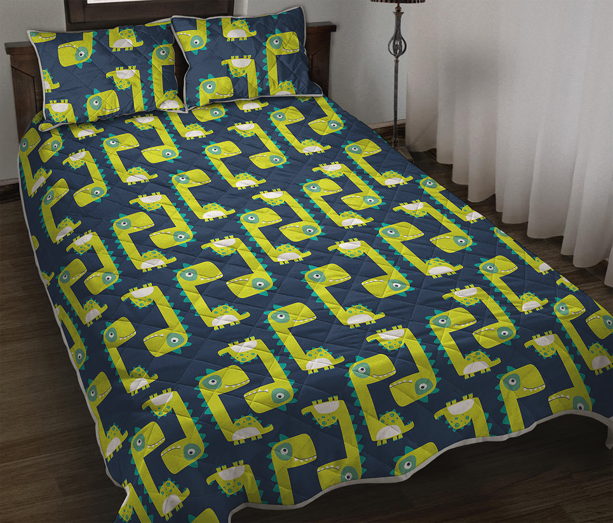Little Green Dinosaur Pattern Print Quilt Bed Set