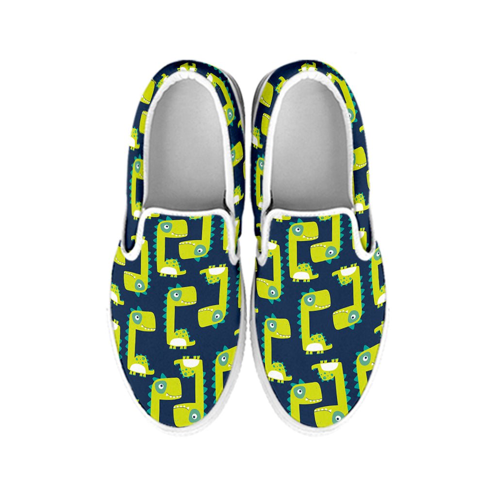 Little Green Dinosaur Pattern Print White Slip On Shoes
