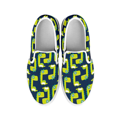 Little Green Dinosaur Pattern Print White Slip On Shoes