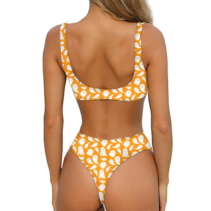 Little Halloween Ghost Pattern Print Front Bow Tie Bikini