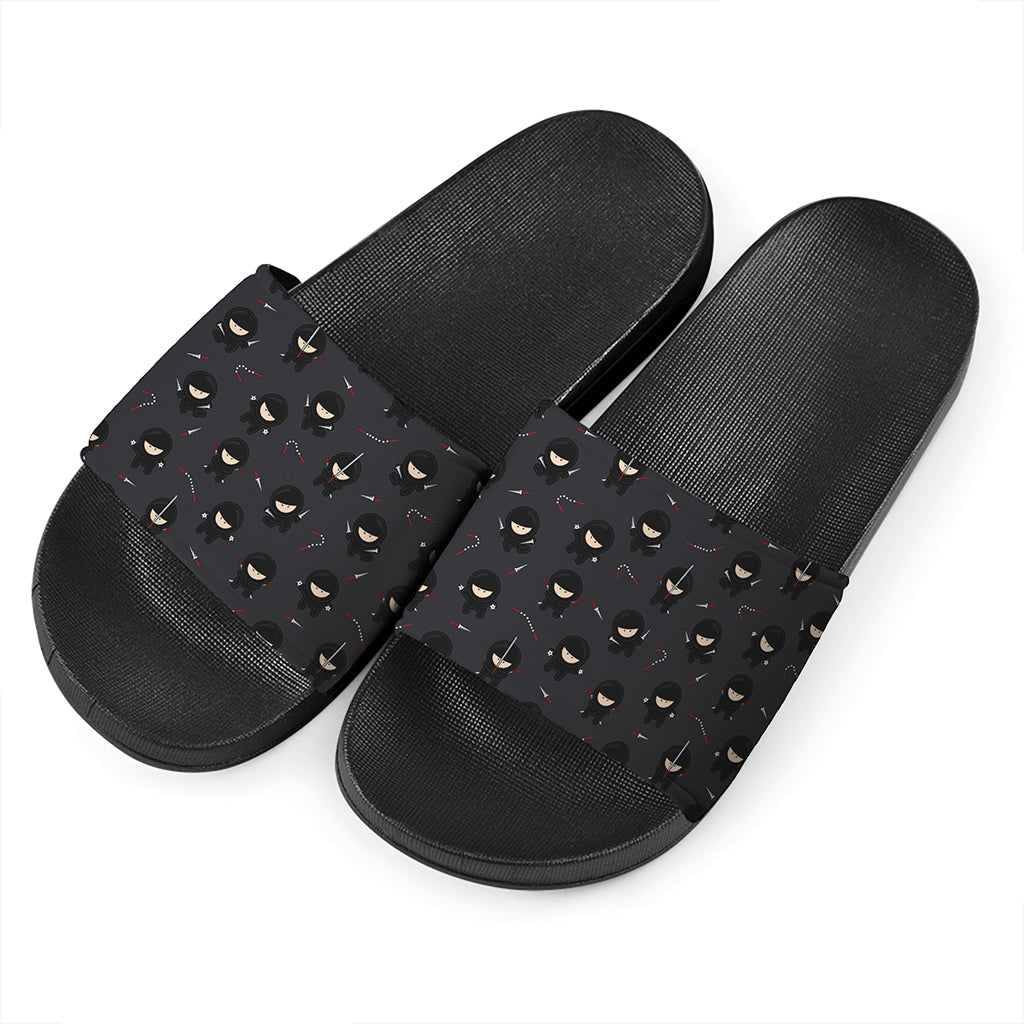 Little Ninja Pattern Print Black Slide Sandals