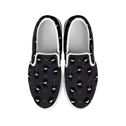 Little Ninja Pattern Print White Slip On Shoes
